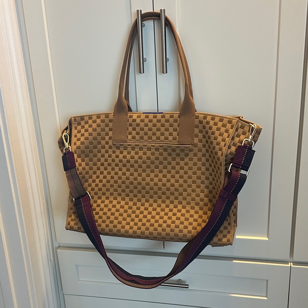 Rothy's Tan Checkered Tote with Purple Strap